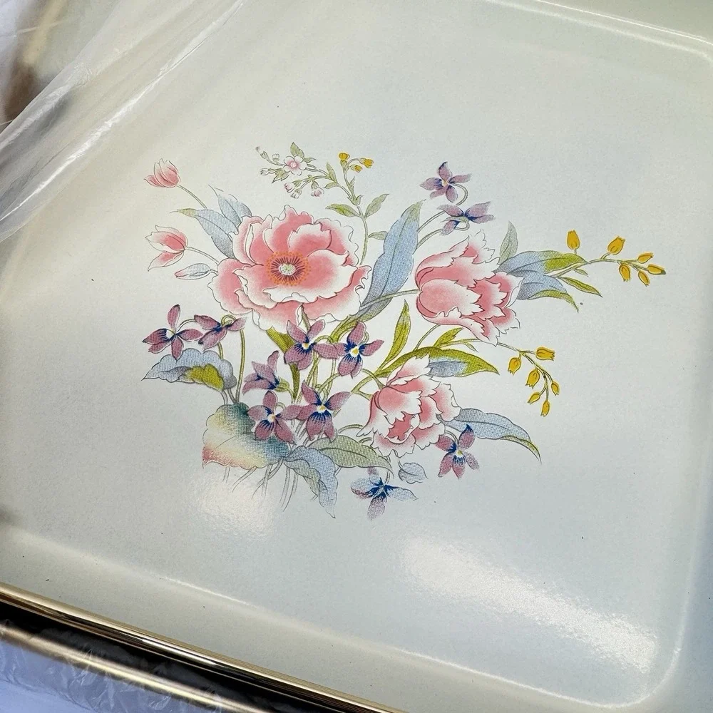 Vintage Lacquerware 3 Piece Tray Set Rose NOS Sealed In Box Jay Imports Japan